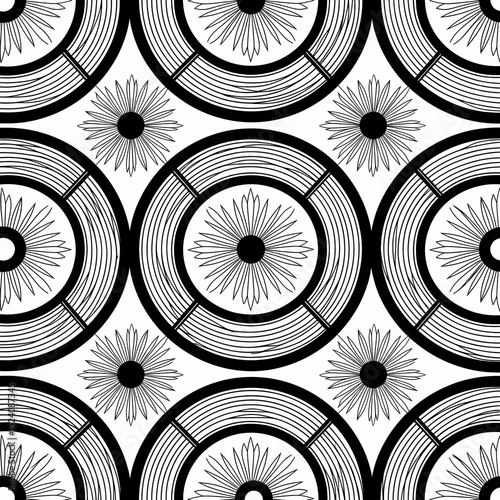 Seamless Geometric Black and White Pattern with Floral-Star Motifs and Interwoven Bands