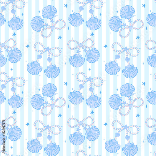 Cute coquette Summer seamless pattern Blue Pearl bow seashells girly Coastal beach vibe stripes on blue background