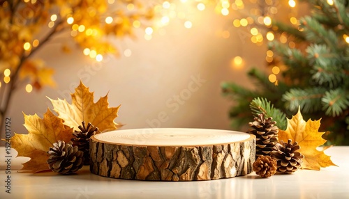 Autumnal Wooden Display with Pine Cones and Maple Leaves