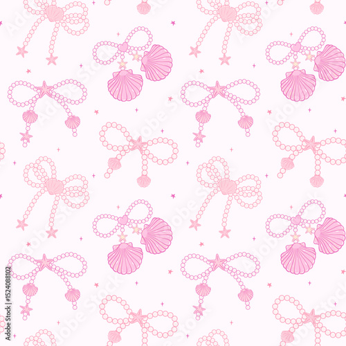 Cute retro coquette Summer seamless pattern Pearl bow seashells  in Pink Coastal beach vibe girly fabric and wallpaper design