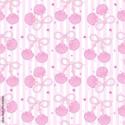 Cute retro coquette Summer seamless pattern Pearl bow seashells girly Pink Coastal beach vibe fabric and wallpaper design