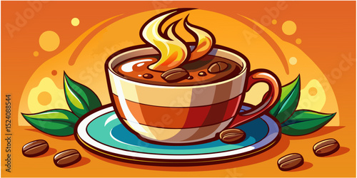 Illustration of a red or reddish orange coffee cup with a cartoon character. This image is very cheerful and inviting, depicting a cheerful and happy cup of coffee, as if ready to brighten up the day.