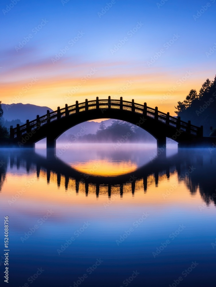 Naklejka premium Japanese Bridge and Reflection at Sunset