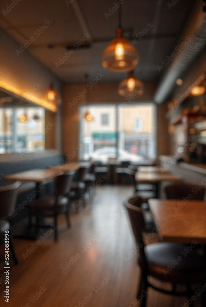 Fototapeta premium Defocused Background of Cozy Urban Cafe Interior with Wooden Tables and Coffee Bar, Perfect for Relaxing or Working. Blurred Background Photo.