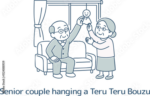 てるてる坊主を吊るしているシニアの夫婦
Senior couple hanging up a Teru Teru Bouzu