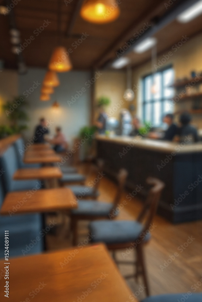 Obraz premium Defocused Background of Cozy Urban Cafe Interior with Wooden Tables and Coffee Bar, Perfect for Relaxing or Working. Blurred Background Photo.
