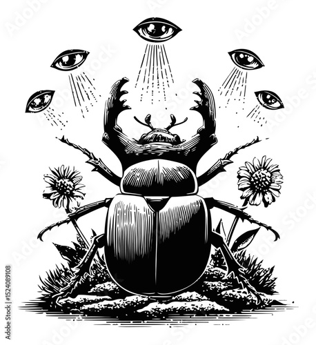 Intricate Black and White Engraving of a Beetle Surrounded by Eyes and Flowers