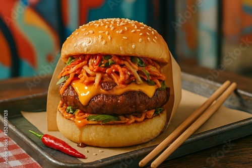 Korean BBQ Fusion Burger with Kimchi Slaw and Gochujang Mayo – Street Food Stock Photo photo
