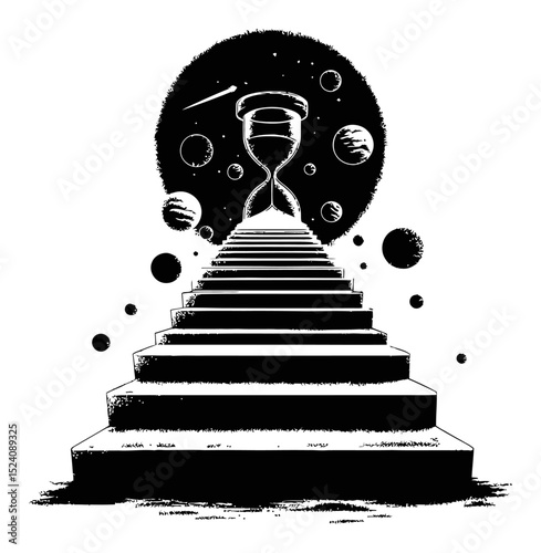 Intriguing Illustration of Staircase Leading to Hourglass and Cosmic Elements