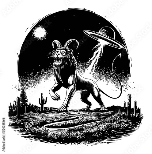 Majestic Lion with Horns and UFO in a Surreal Desert Landscape Illustration