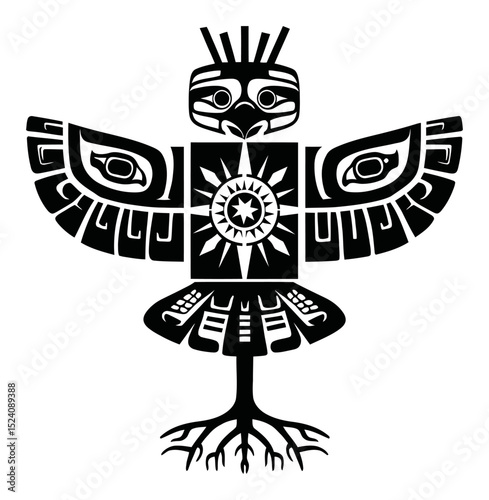 Intricate Black Illustration of a Stylized Bird with Symbolic Elements