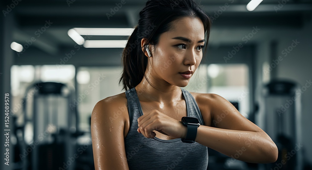 Fototapeta premium Athlete wearing a smart wearable tracking device during intense workout in gym