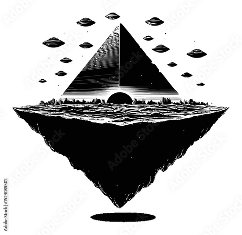 Surreal Pyramid Landscape with UFOs and Floating Island in Black and White Art