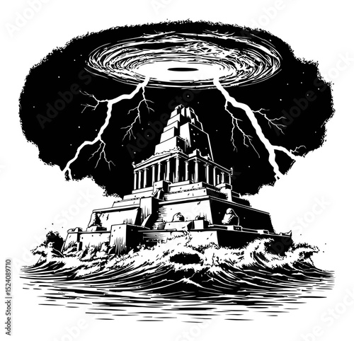 Intricate Engraving of Temple Under Stormy Sky with Lightning and Water