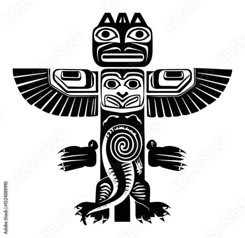 Intricate Black and White Illustration of a Native American Totem Pole Art