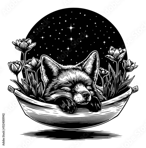 Sleeping Fox Surrounded by Flowers in Starry Night Engraving Illustration