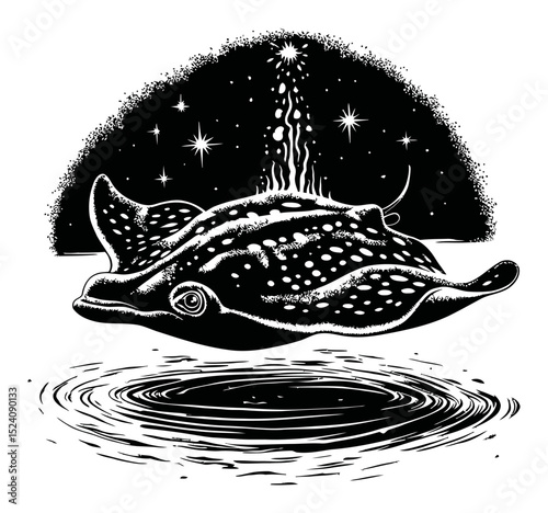 Detailed Engraving of a Majestic Stingray Swimming in Cosmic Waters
