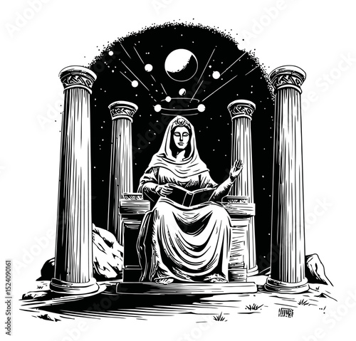 Mystical Illustration of a Serene Female Figure Surrounded by Ancient Columns