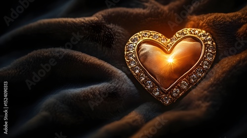 A heart-shaped piece of jewelry placed on a velvet fabric with a soft light creating a warm glow