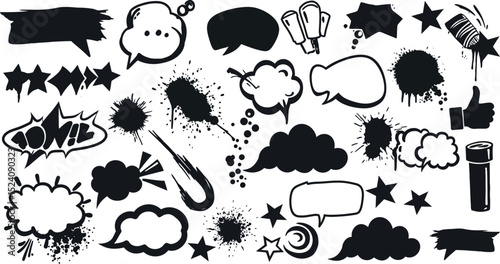 Collection of comic book style speech bubbles and ink splatter vector illustration
