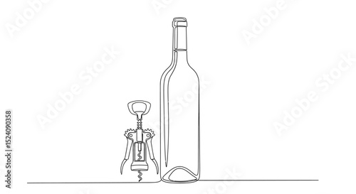 Minimalist Line Drawing of Wine Bottle and Corkscrew