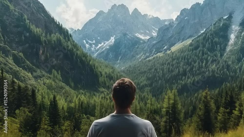 Contemplative man meditating on a majestic mountain summit immersed in nature's splendor
