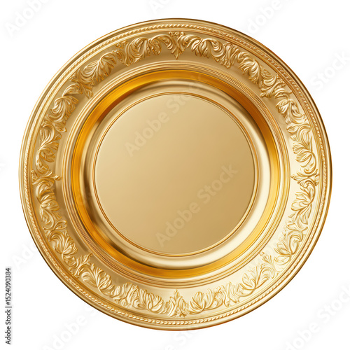 Elegant golden circular plate with intricate ornate design and glossy finish for luxurious table settings