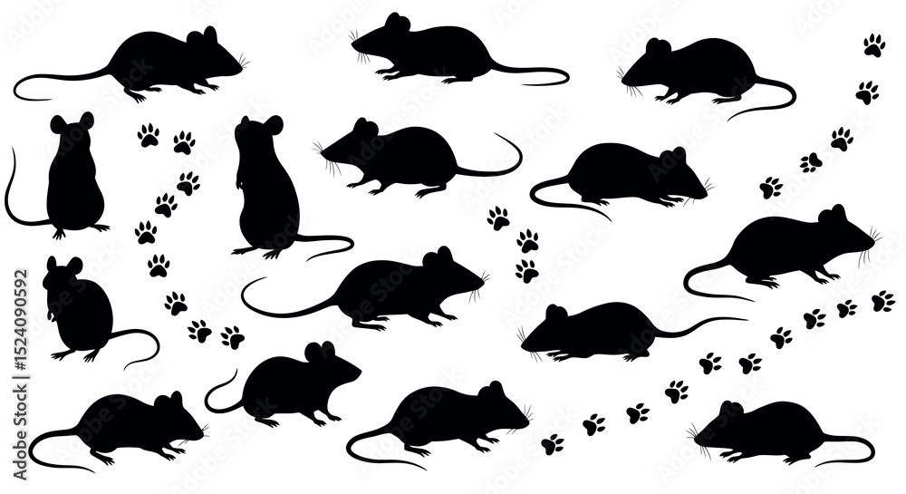 Naklejka premium Silhouette of mice with paw prints on white background vector illustration