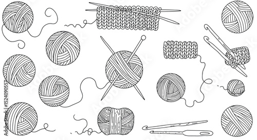 Hand-drawn yarn and knitting tools illustration with needles and crochet hooks vector illustration