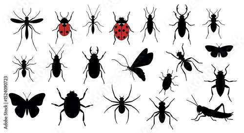 Silhouette collection of various insects and bugs including butterflies, ants, and ladybugs vector illustration