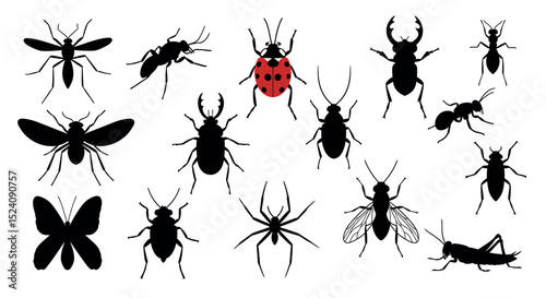Silhouette collection of diverse insects with distinct shapes on white background vector illustration