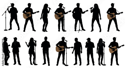Silhouette of diverse musicians performing with guitars and microphones vector illustration