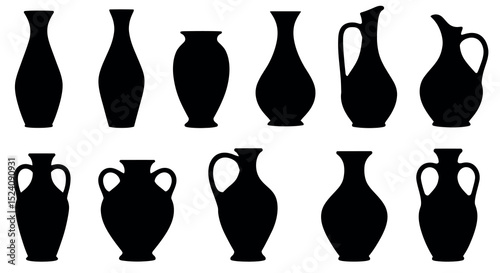 Silhouette collection of various amphorae and vases with handles vector illustration