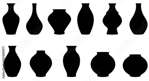 Black silhouette vases collection on white background with diverse curves and shapes vector illustration