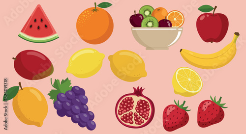 Colorful variety of fresh fruits including watermelon, citrus, and berries on pink background vector illustration