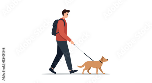 Young caucasian male walking dog with backpack in casual outfit vector illustration