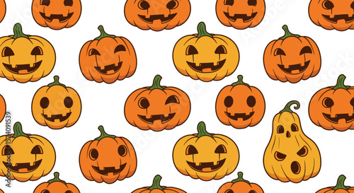 Halloween pumpkins seamless pattern with diverse jack-o'-lantern expressions vector illustration