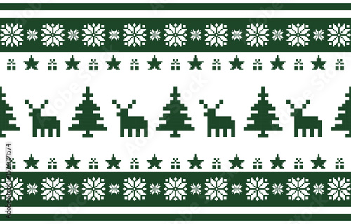 Christmas and New Year green and white seamless pattern, fairytale pixel pattern in white and green with Nordic snowflakes for winter hats, ugly sweaters, jumpers. wallpaper, paper or other design