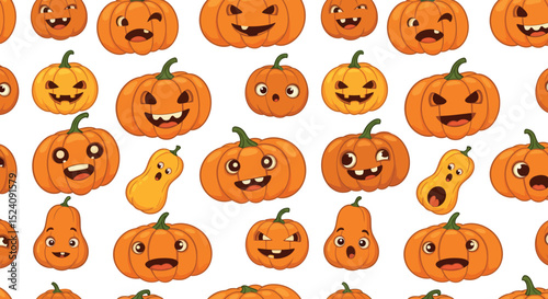 Colorful cartoon pumpkins with expressive faces on white background vector illustration