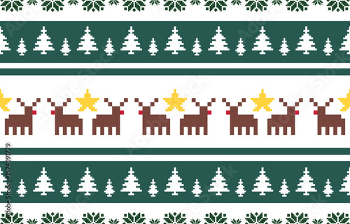 Christmas and New Year green and white seamless pattern, fairytale pixel pattern in white and green with Nordic snowflakes for winter hats, ugly sweaters, jumpers. wallpaper, paper or other design