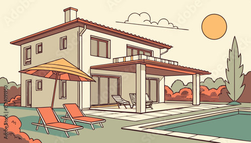 house in the parkModern house with swimming pool in summer backyard. Poolside vacation on back yard lounge place. Outdoor villa design with parasol and sun loungers on sunny day flat cartoon illustrat