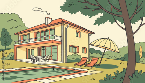 Modern house with swimming pool in summer backyard. Poolside vacation on back yard lounge place. Outdoor villa design with parasol and sun loungers on sunny day flat cartoon illustration    