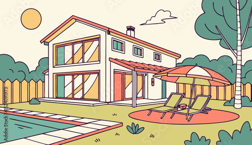 Modern house with swimming pool in summer backyard. Poolside vacation on back yard lounge place. Outdoor villa design with parasol and sun loungers on sunny day flat cartoon illustration    