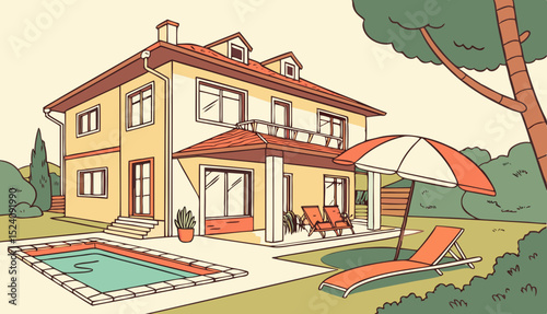 Modern house with swimming pool in summer backyard. Poolside vacation on back yard lounge place. Outdoor villa design with parasol and sun loungers on sunny day flat cartoon illustration    