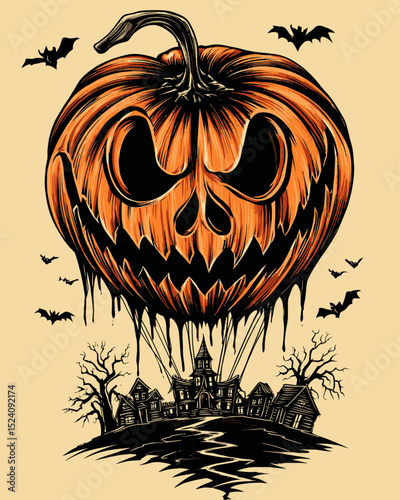 Spooky Halloween Pumpkin Illustration with Haunted House and Bats
