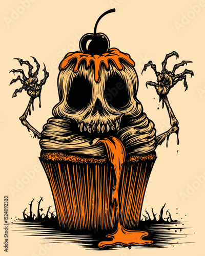 Creepy Skeleton Cupcake with Dripping Frosting and Cherry for Halloween Art