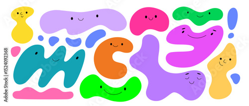 Set of abstract plasticine blots, spots in form of bubbles, drops, spilled liquid with smooth streamlined edges, cute smiling faces. Vector illustration for design of children's games, animation.