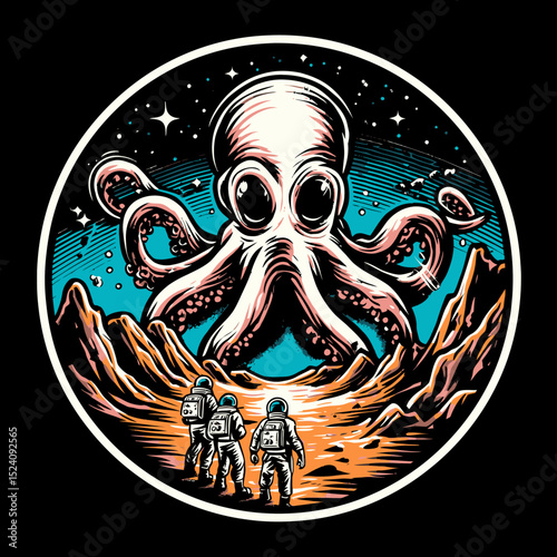Retro Style Vector Illustration of an Octopus and Astronauts on Alien Landscape
