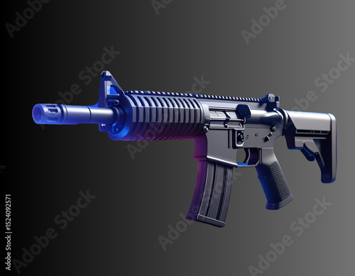 Futuristic 3D machine gun beside digital USA flag hologram photo
