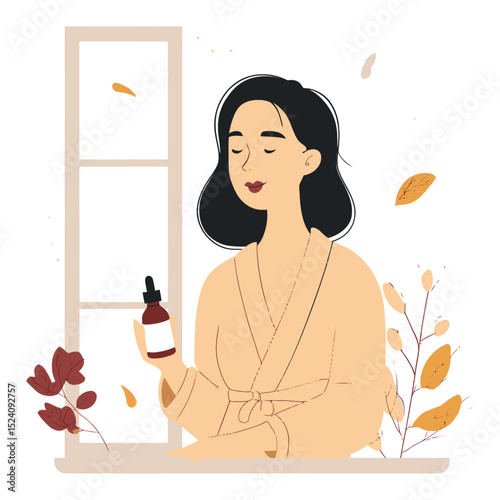 Serene Woman Holding Cosmetic Bottle in Cozy Home Setting Illustration